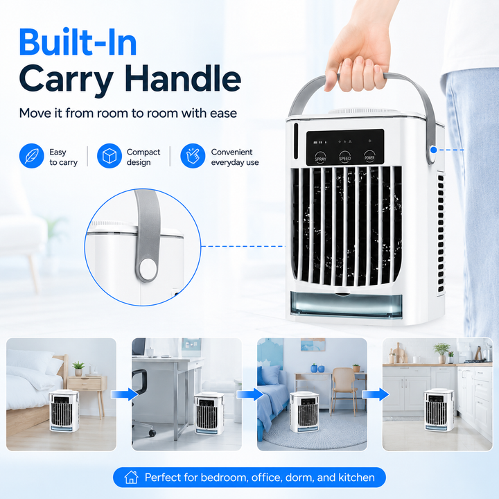 Portable white mini air cooler. USB desk fan for personal cooling. Compact and perfect for summer relief.