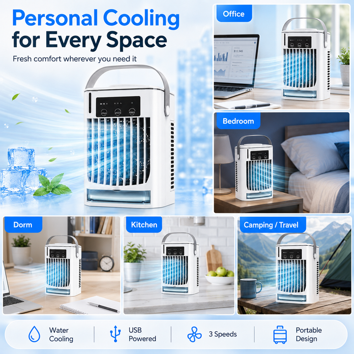 Compact USB mini air cooler fan. Portable white personal cooling device for desk use during summer.