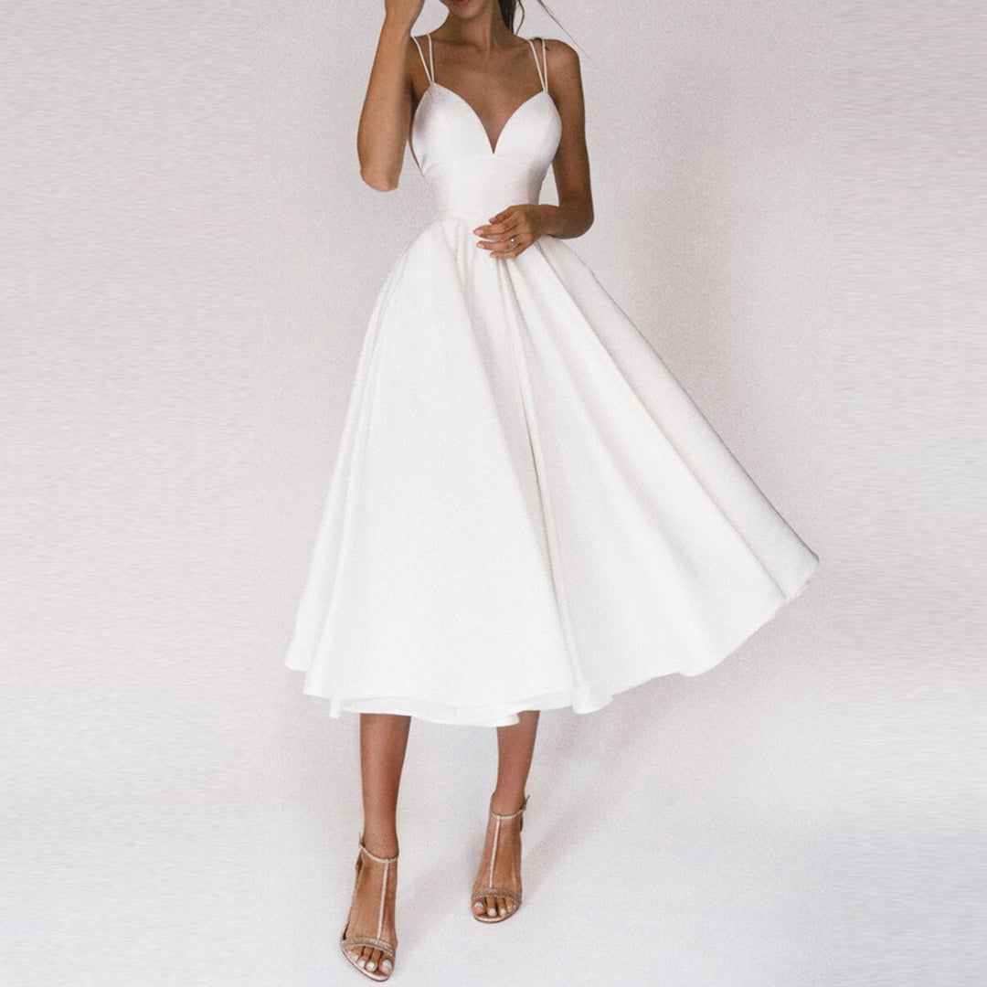 Elegant women's midi dress with structured bodice & flared A-line skirt, perfect for parties & summer evenings.
