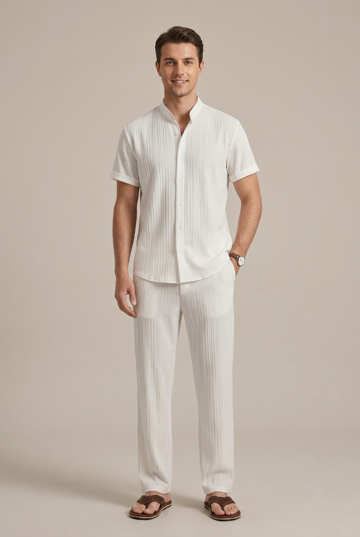 Relaxed fit men's striped outfit set, a comfortable two-piece with a short sleeve shirt & matching trousers.