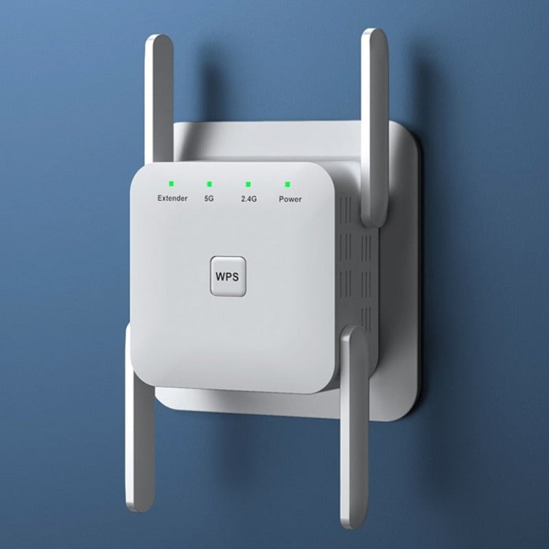 Wi-Fi Extender 1200Mbps, dual-band, four antennas, sleek white design. Ideal for UK homes, enhances internet coverage.