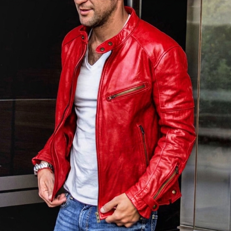 Versatile men's racer jacket, slim fit design with practical zip pockets & a stylish snap collar. Modern outerwear.