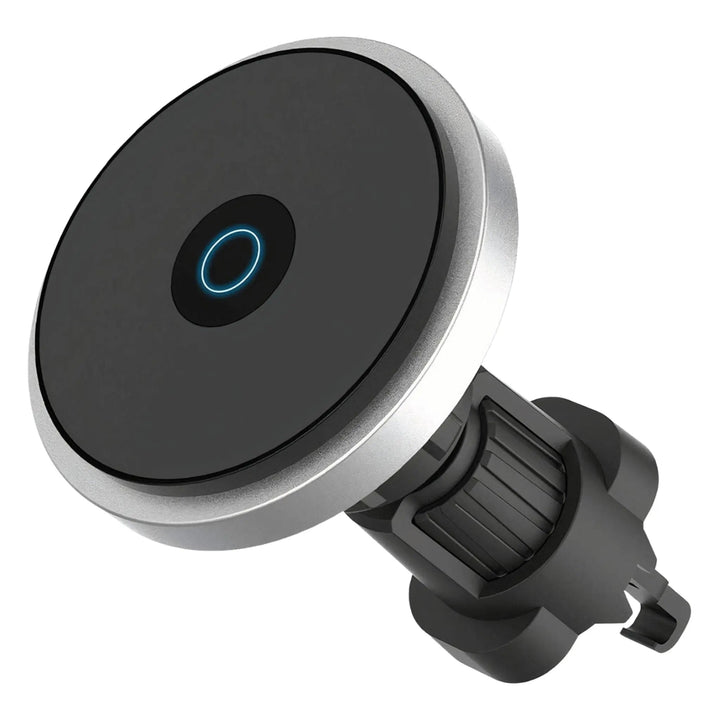 "Wireless MagSafe car charger and phone mount for iPhone, sleek design, strong magnetic hold, seamless interior fit."