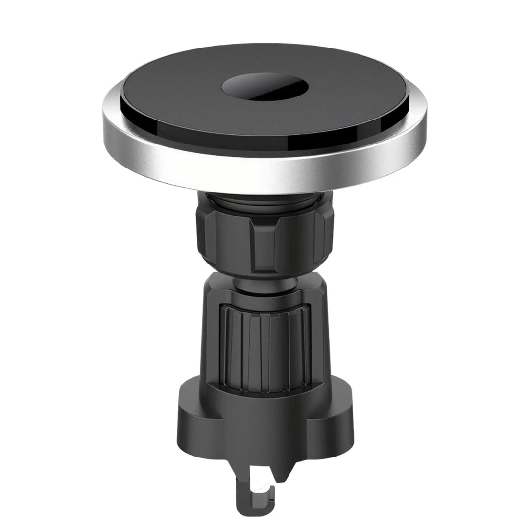 "Wireless MagSafe car charger and phone mount for iPhone, sleek design, strong magnetic hold, seamless interior fit."