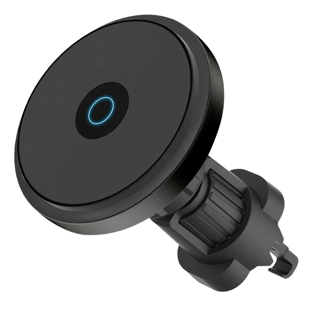 "Wireless MagSafe car charger and phone mount for iPhone, sleek design, strong magnetic hold, seamless interior fit."