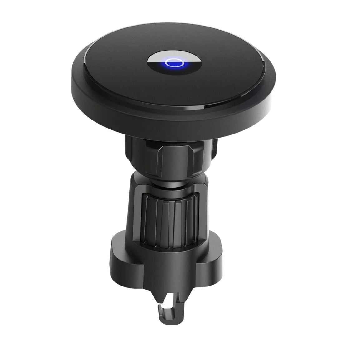 "Wireless MagSafe car charger and phone mount for iPhone, sleek design, strong magnetic hold, seamless interior fit."