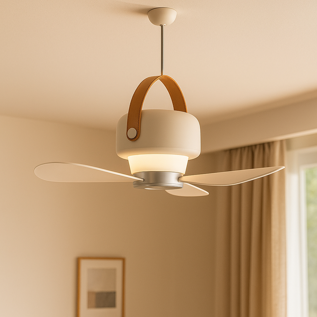 Compact wireless rechargeable fan with LED light, remote. Perfect for camping, outdoor use, or travel.