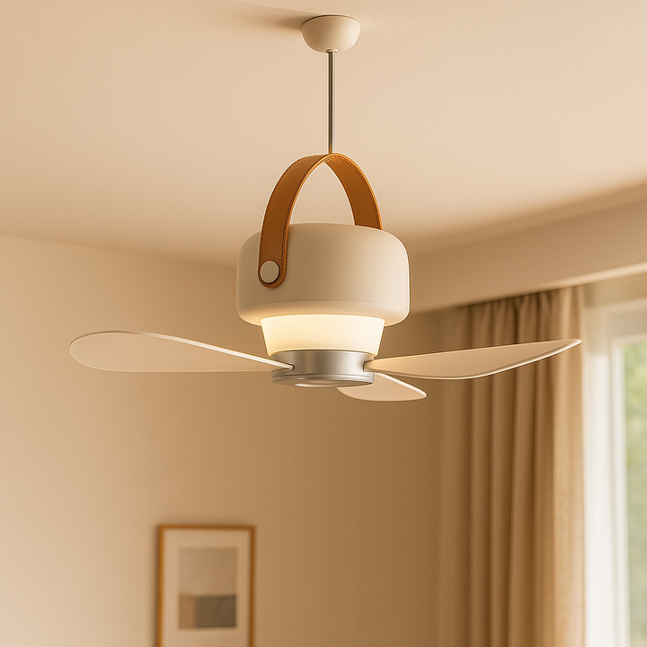 Compact wireless rechargeable fan with LED light, remote. Perfect for camping, outdoor use, or travel.