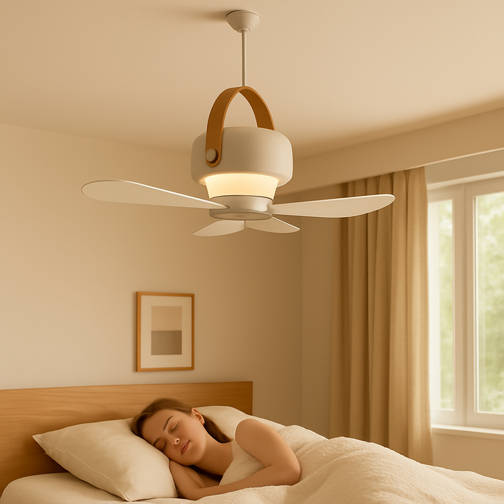 Adjustable portable battery fan with remote control & LED light, providing convenient wireless cooling.