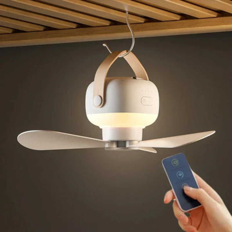 Portable fan with bright LED light and remote control, offering versatile wireless cooling for any room.