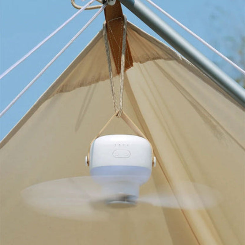 Versatile portable rechargeable fan, adjustable, with integrated LED light for indoor/outdoor spaces.