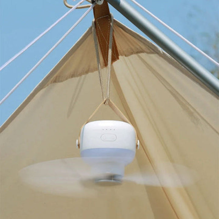 Versatile portable rechargeable fan, adjustable, with integrated LED light for indoor/outdoor spaces.