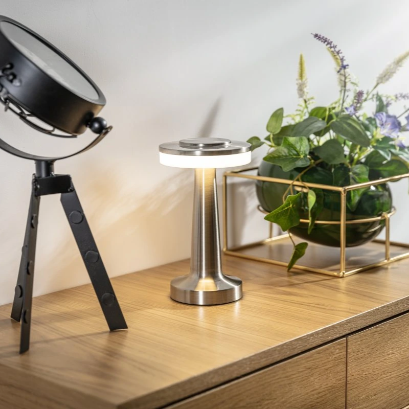 Modern retro wireless table lamp. Dimmable light, 3 color temps, rechargeable. Great for portable ambient decor.