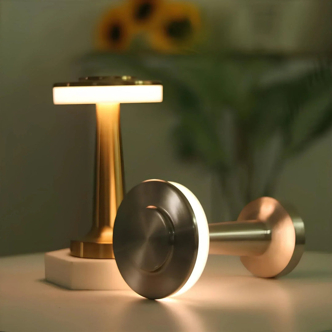 Wireless dimmable retro table lamp with 3 color temperatures. Portable, rechargeable, and ideal for home ambiance.