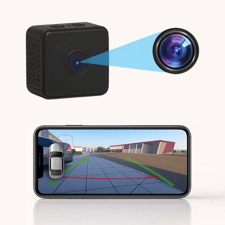 Wireless vehicle reversing camera with night vision and magnetic mount for easy installation & parking assist.