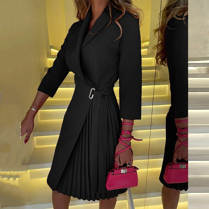 Front view: Women's elegant Sophie houndstooth blazer midi dress, a chic choice for formal fashion.