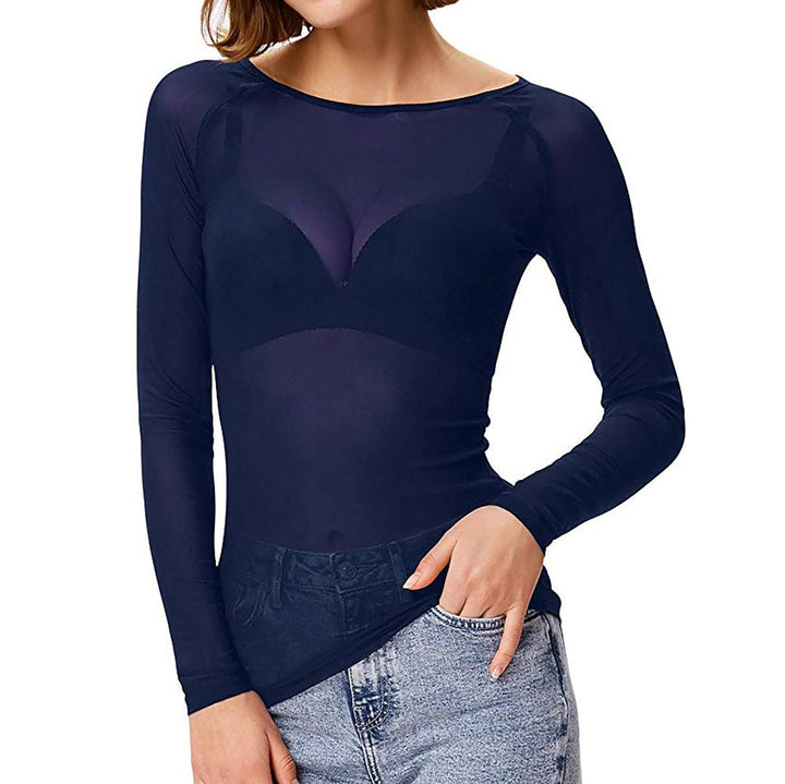Versatile women's sheer long sleeve top, an elegant blouse ideal for layering over camis or dresses. Fashion overlay.