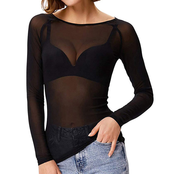 Stylish women's sheer long sleeve top, a versatile overlay blouse for dressy or casual outfits. Elegant fashion.