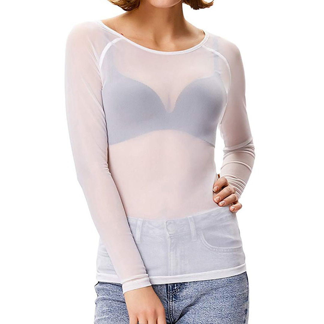 Dressy women's sheer long sleeve top, an elegant overlay blouse perfect for special occasions. Fashionable and chic.