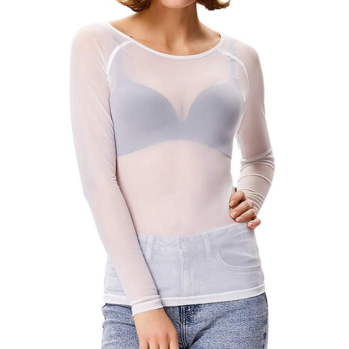 Dressy women's sheer long sleeve top, an elegant overlay blouse perfect for special occasions. Fashionable and chic.