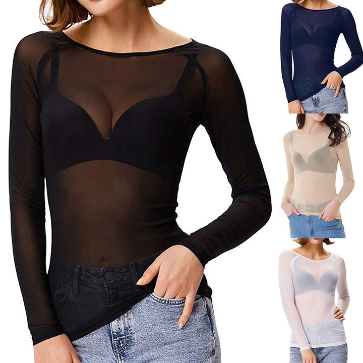 Elegant women's sheer long sleeve blouse, perfect for layering or a sophisticated evening look. Versatile fashion top.