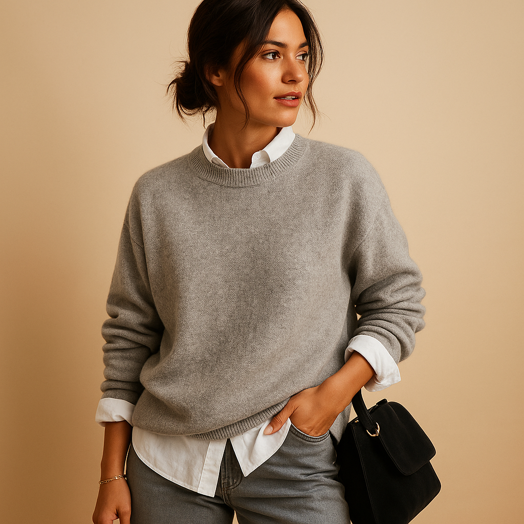Timeless women's elegant jumper. Fine knit, long sleeve, round neck pullover for comfortable, chic everyday & office fashion.