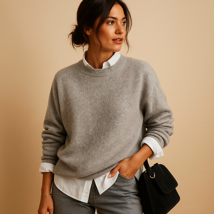 Timeless women's elegant jumper. Fine knit, long sleeve, round neck pullover for comfortable, chic everyday & office fashion.