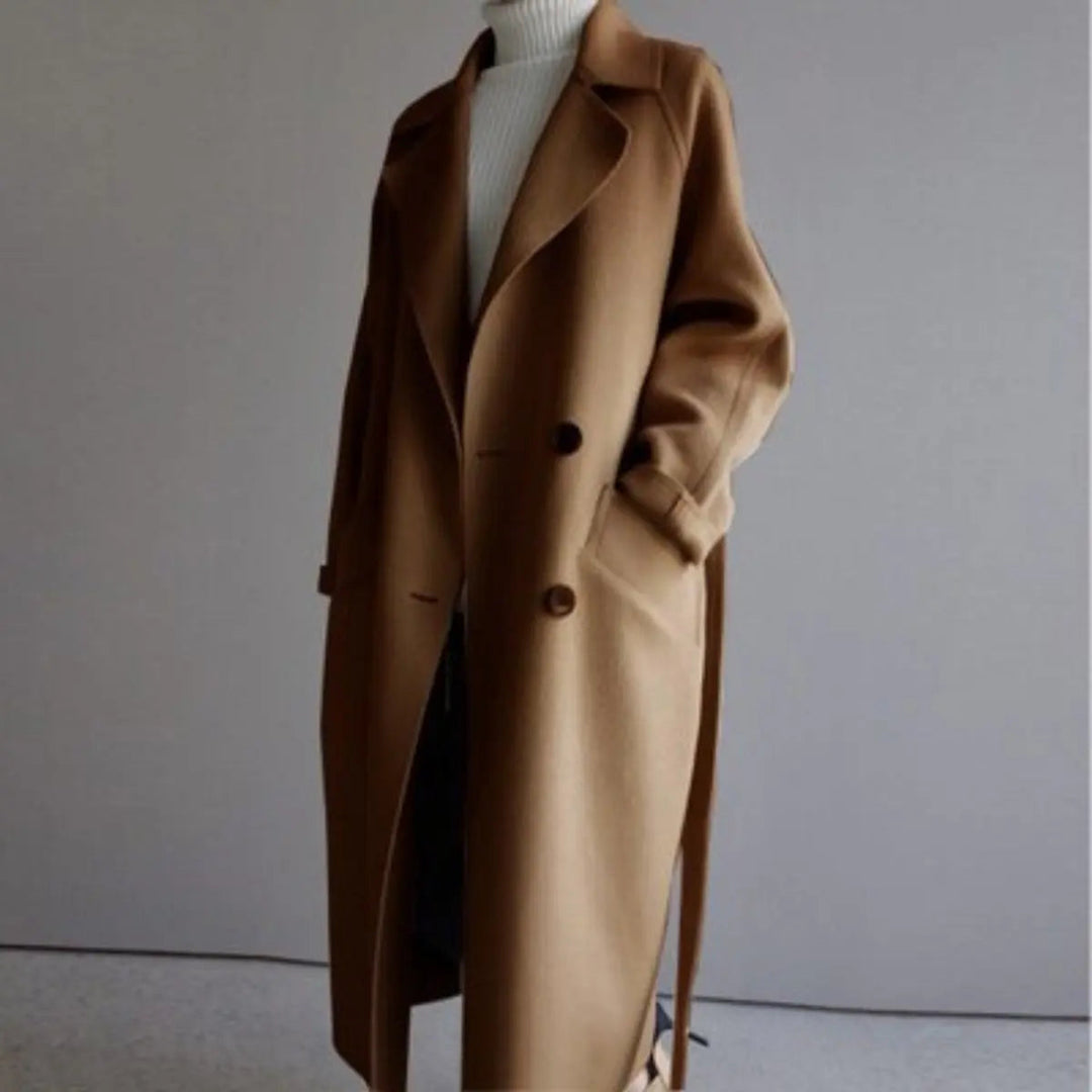 Ladies' elegant double-breasted long cashmere overcoat, a classic piece for fall & winter sophistication.