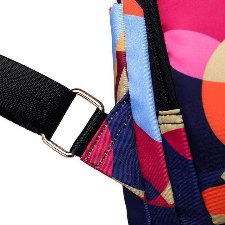 Back view of a multi-compartment anti-theft women's backpack with adjustable straps and secure rear pocket.