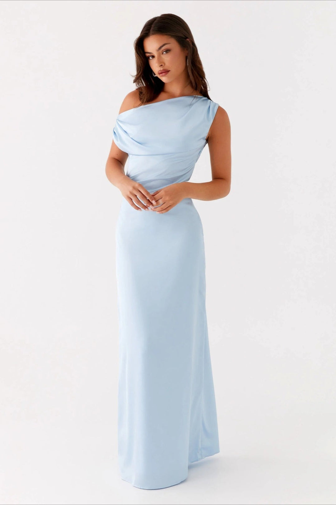 Women's asymmetric one-shoulder high-waist maxi dress, elegant for evening wear & special occasions.