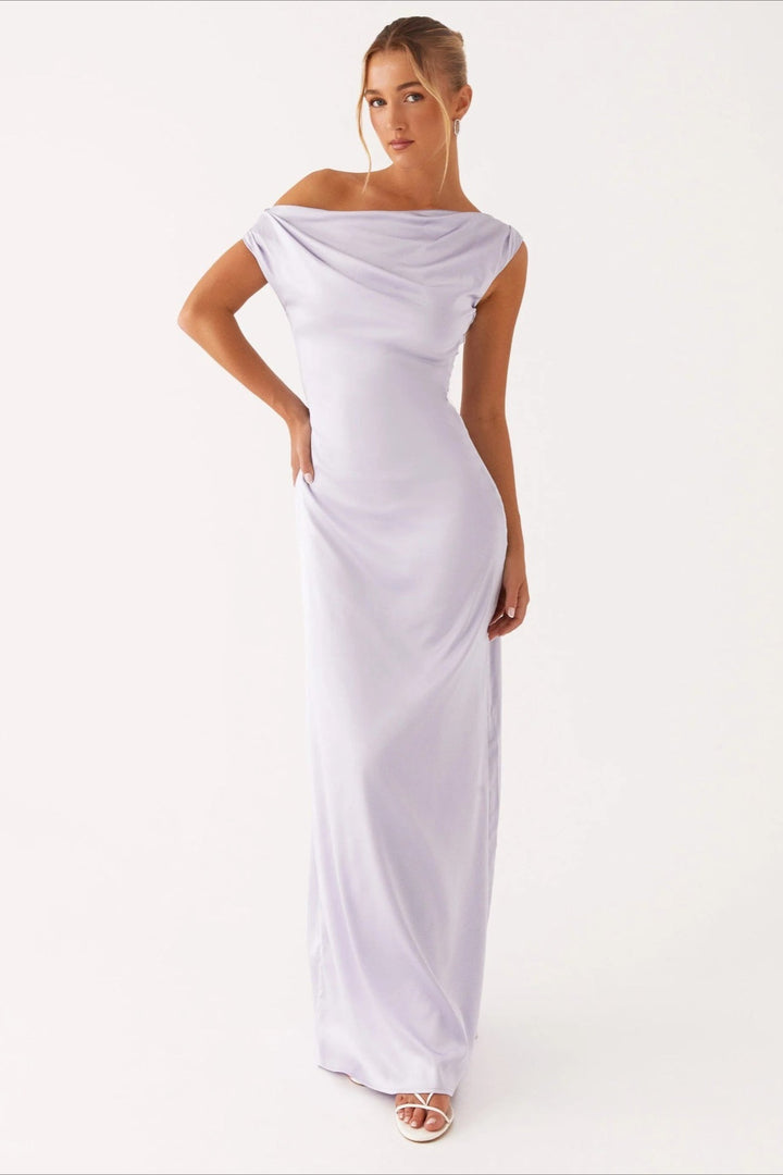 Sophisticated women's evening dress, long, high-waisted, featuring an asymmetric one-shoulder.