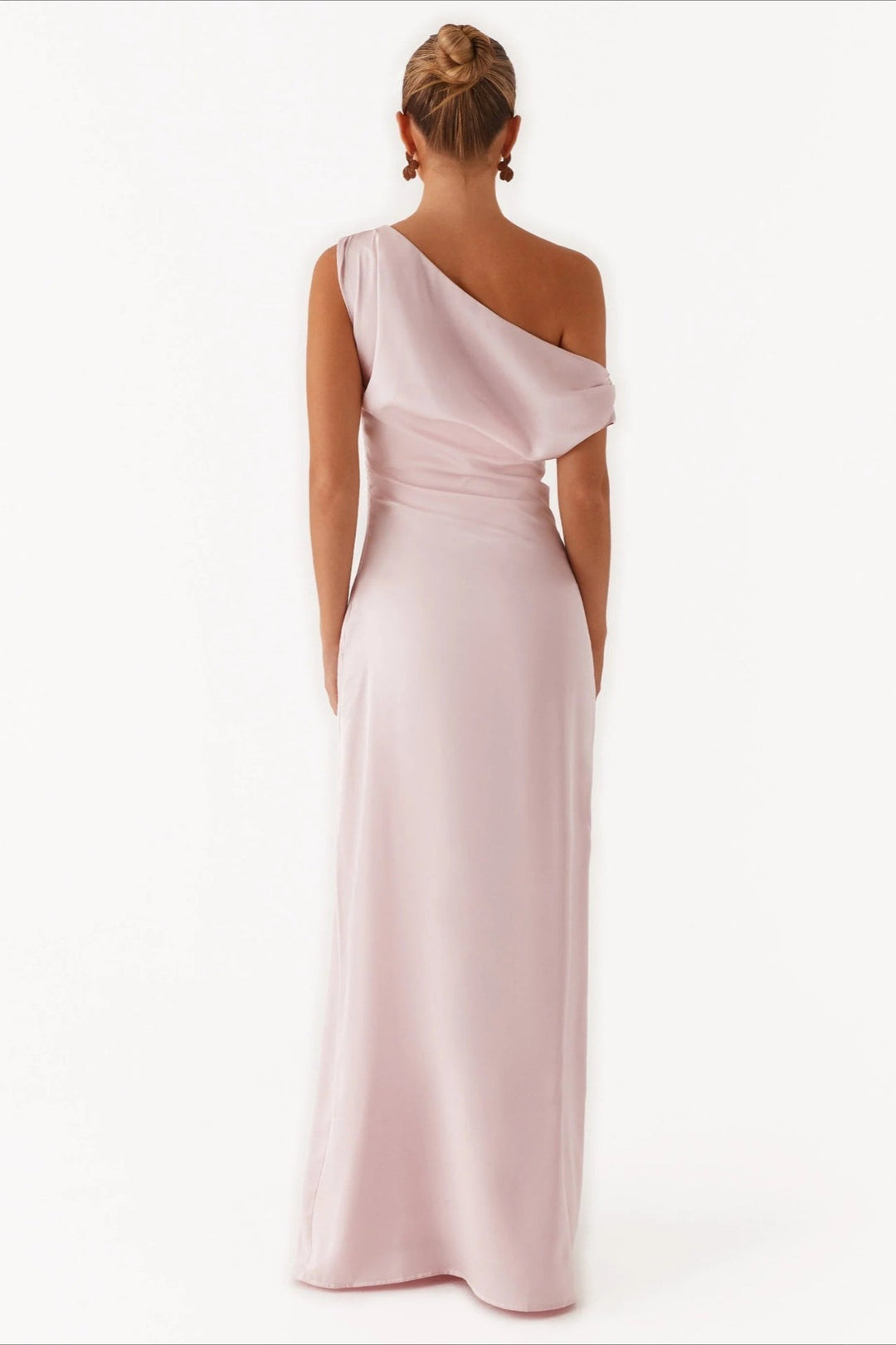 Formal women's evening gown, long, high-waisted, and styled with an asymmetric one-shoulder design.