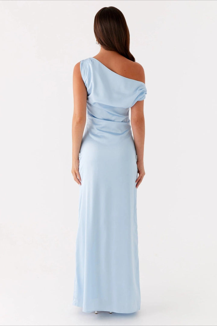 Asymmetric one-shoulder sheath dress for women, a high-waist maxi length, ideal for special events.