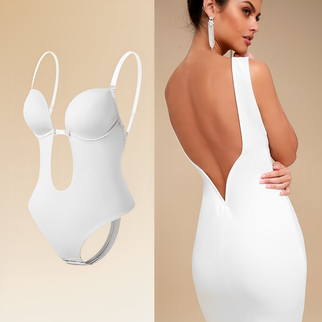 Women's seamless backless bodysuit bra offering comfortable, invisible support & shaping for low-back outfits.