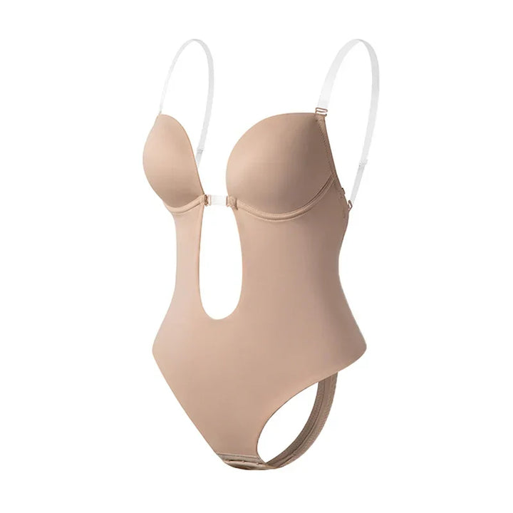 Women's backless shapewear bodysuit, offers invisible support & smoothing effect under low-back garments.