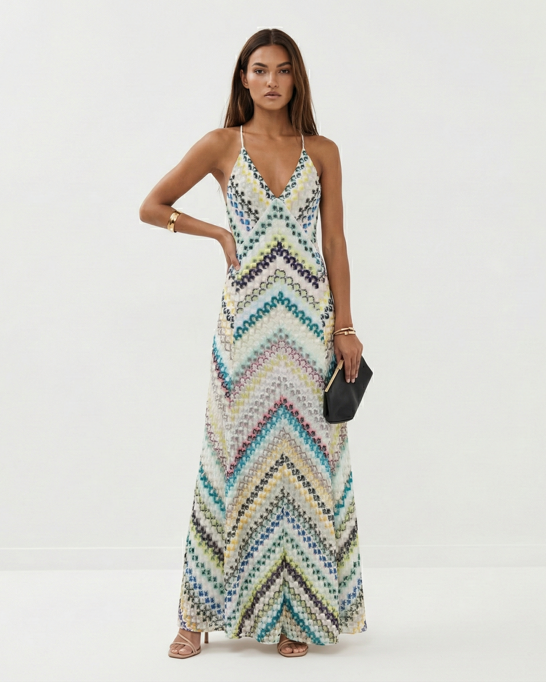 Stunning women's backless V-neck striped maxi dress, a flowing summer dress for resort wear and evening events.