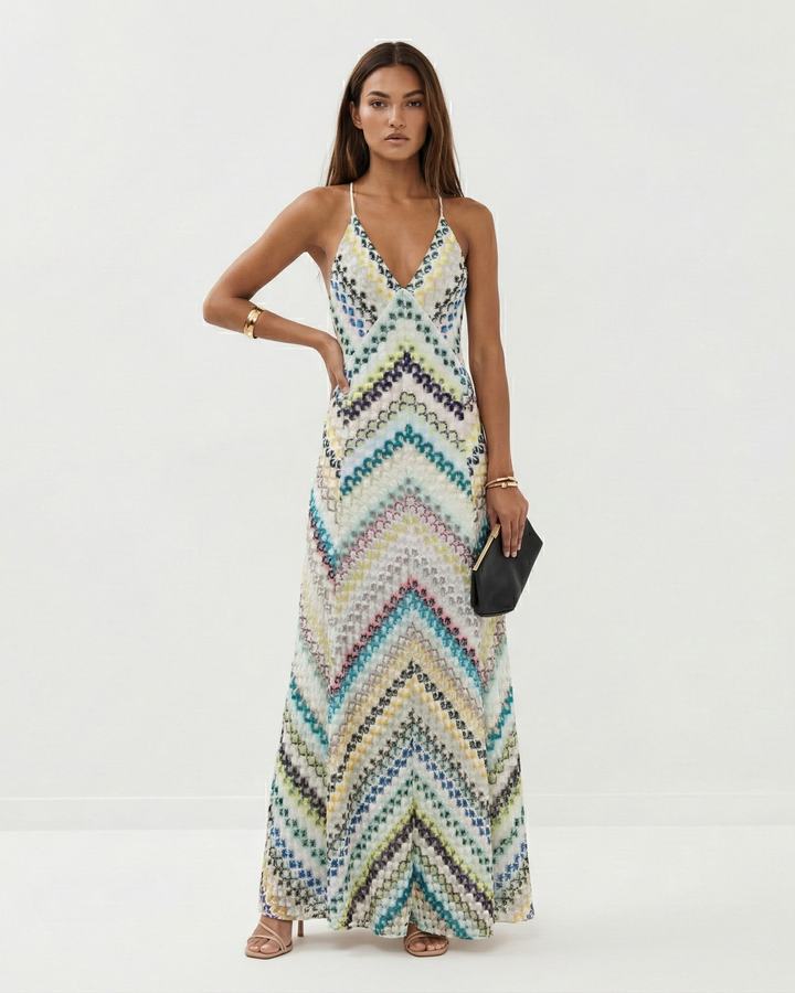 Stunning women's backless V-neck striped maxi dress, a flowing summer dress for resort wear and evening events.