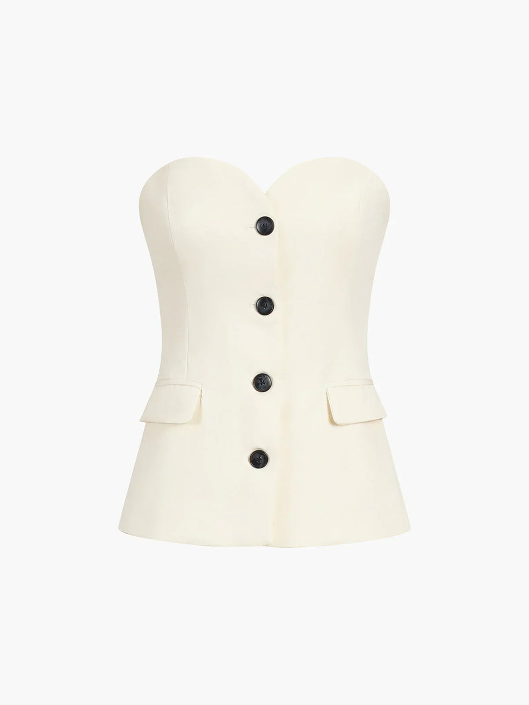 Woman wearing elegant beige corset top and wide leg pant two-piece set, perfect for parties.