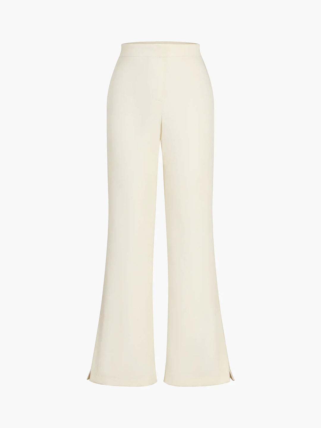 Close-up of beige fabric & structured design of women's elegant corset top & wide leg pants set.