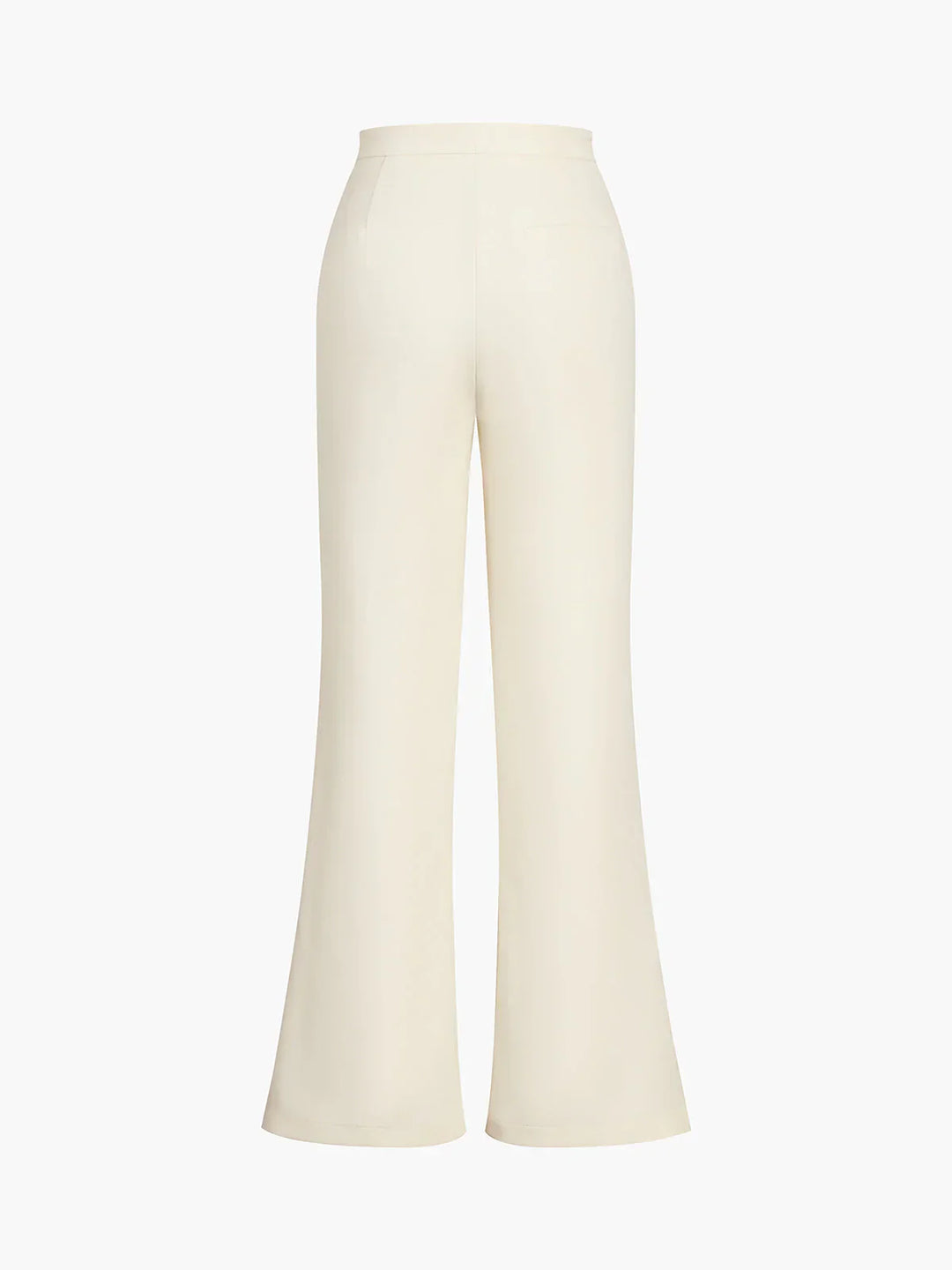 Full-length shot of women's beige wide leg pant & structured corset top two-piece elegant set.