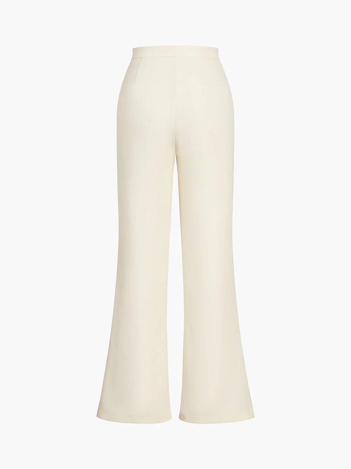 Full-length shot of women's beige wide leg pant & structured corset top two-piece elegant set.