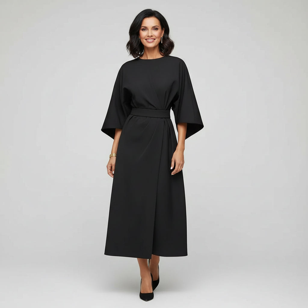 Women's belted flowing midi dress with wide sleeves, perfect for elegant summer or fall occasions.