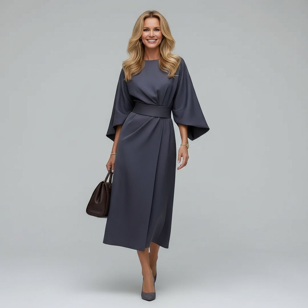 Comfortable women's belted midi dress, featuring wide sleeves and a flowing silhouette for casual or modest style.
