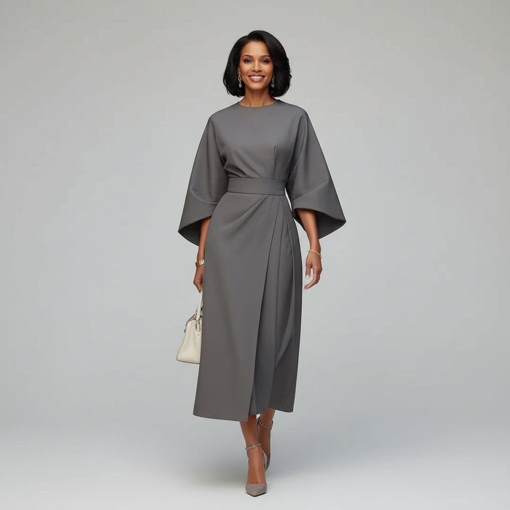 Summer or fall women's midi dress with a belted waist and stylish wide sleeves, offering a modest flowing fit.