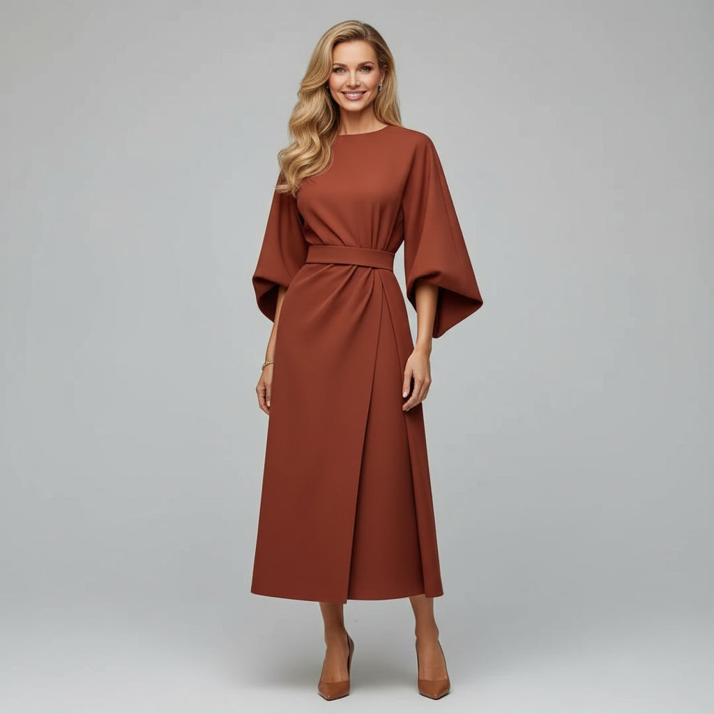 Women's belted midi dress, featuring a flowing design and wide sleeves, suitable for casual, day, or evening wear.