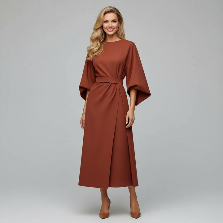 Women's belted midi dress, featuring a flowing design and wide sleeves, suitable for casual, day, or evening wear.