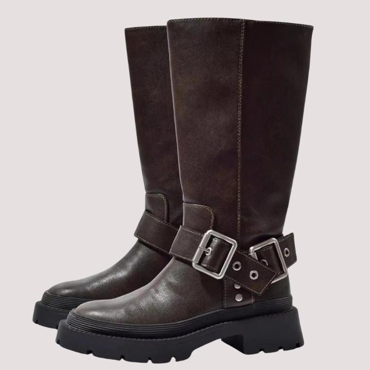 Comfortable women's knee-high buckle boots, perfect for both casual and dressy fall winter outfits.