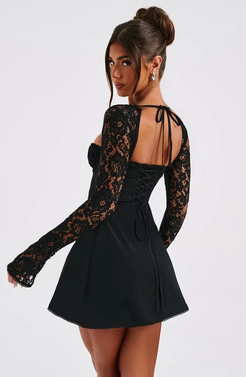 Flattering women's bodycon mini dress with sophisticated lace sleeves, square neck, & adjustable corset back.