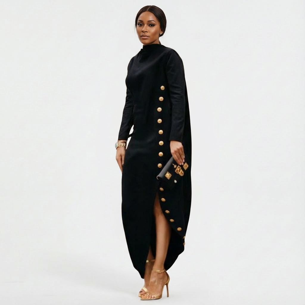 Women's black maxi evening dress with high-neck, long sleeves, and elegant gold button side slit. Perfect for formal events.