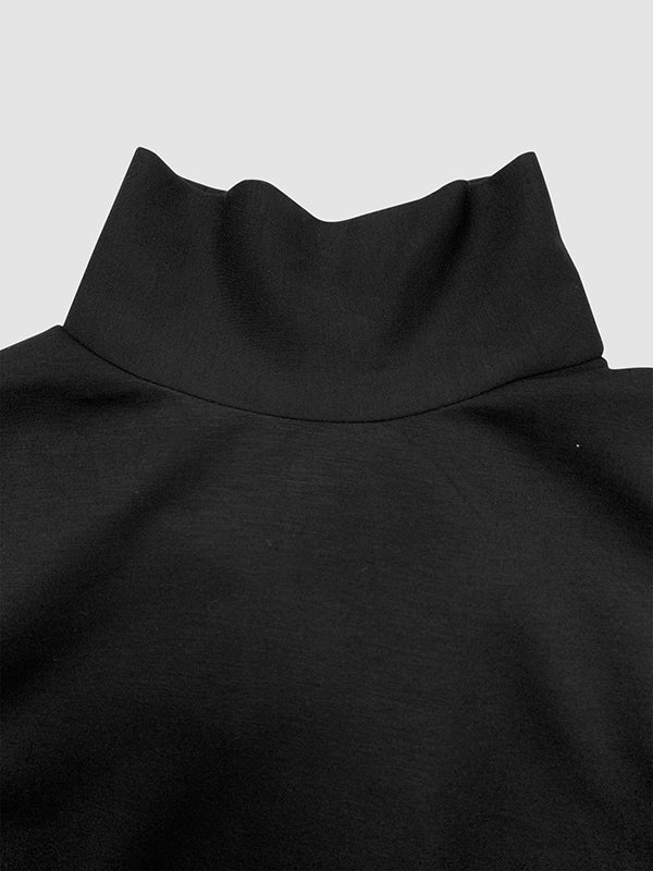 Stylish women's high-neck black maxi dress, perfect for parties, with long sleeves and elegant gold button side slit.